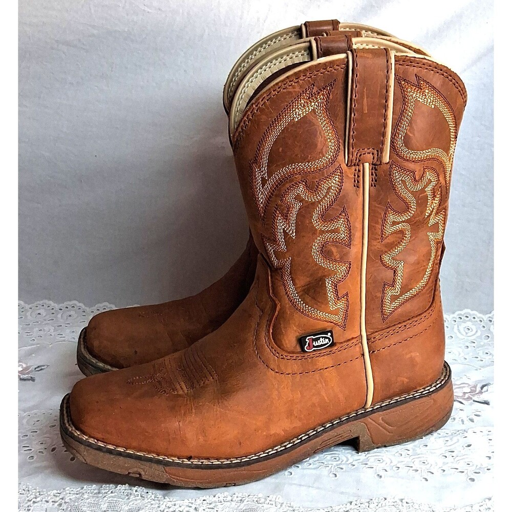 Justin Kids Leather Western Boots Brown Square Toe Embroidered 3.5D JK4330